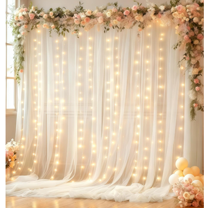 10x10FT White Wrinkle Free Backdrop Curtains with Lights String for Parties - Photo Curtain Backdrop with Lights for Wedding Decorations, Bridal Baby Shower Birthday Party Photography Background
