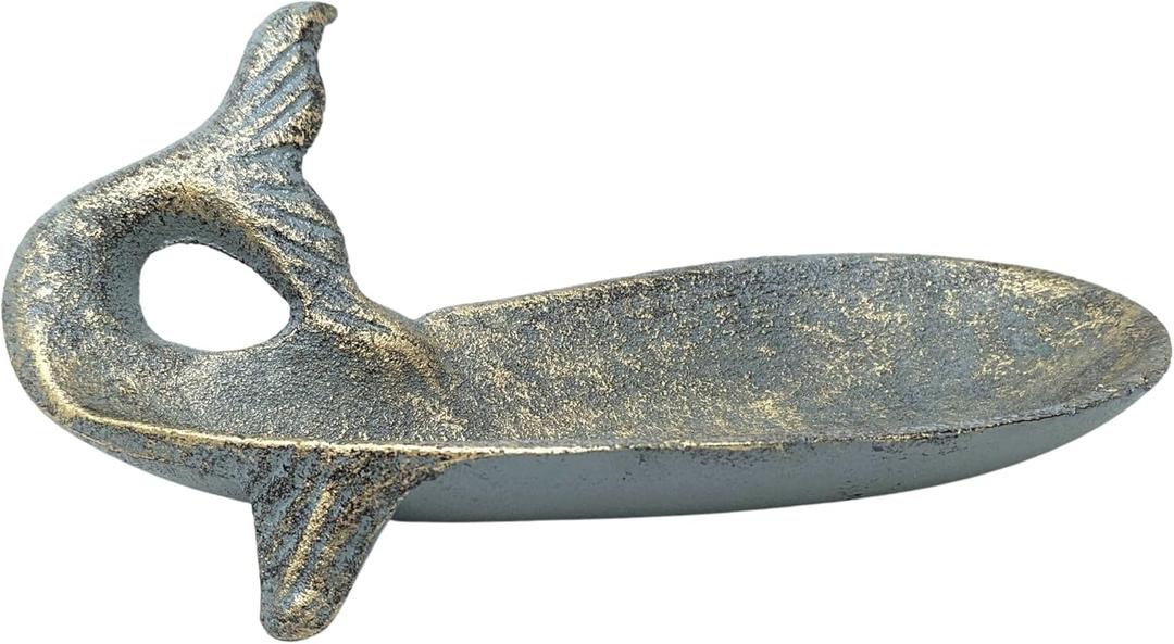 Whale Jewelry Tray Cast Iron Copper Green with Gold-Touched Nautical Trinket Holder for Rings, Earrings, Necklaces, Coins & Keys Decorative Beach-Themed Dish for Home or Office