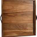 Extra Large Square Ottoman Tray for Living Room Coffee Table 21 x 21 Inch Decorative Acacia Wooden Serving Tray with Leather Handles for Breakfast in Bed Dinner Food TV (Color Natural)