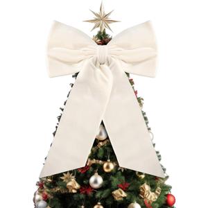 20 x 30 Inches Christmas Large Velvet Bows Christmas Tree Topper Decor Giant Xmas Tree Toppers Bows for Home Wreath Wall Backdrop Birthday Wedding Party Decorations (Beige,1 Pcs)