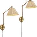 Gold Dimmable Plug in Wall Sconces Set of 2 with Swing Arm, Hand Woven Rattan Wall Sonce Light Fixture, Vintage Bedside Wall Mounted Lamp for Bedroom Living Room Home Office
