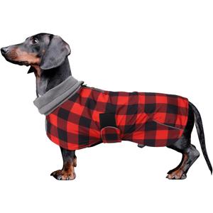 Dachshund Coats Waterproof Suitable for Dachshunds Sausage Weiner Dog Winter Coat Padded Fleece Puppy Snowsuit with Adjustable Bands Reflective Stripe - Plaid Red - Large