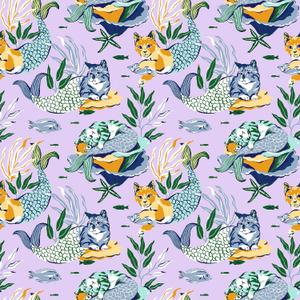 NuWallpaper x Printfresh Meowing Mermaids Lavender Peel and Stick Wallpaper, PFS6392