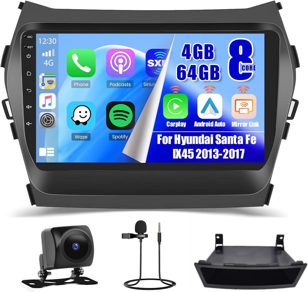 Hikity for Hyundai Santa Fe IX45 2013-2017 Radio, 8 Core 4+64GB Android 13 Car Stereo 9 Inch IPS Touchscreen Car Radio with Wireless Carplay Android Auto 59UI GPS WiFi 32EQ DSP Backup Camrea