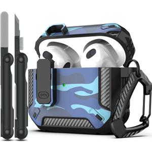 2 x RFUNGUANGO for AirPods 3 Case Cover with Cleaning Kit and Carabiner, Safety Lock and Automatic Pop-up, Compatible with Airpods 3rd Generation Case, Support Wireless Charging, Blue Camo