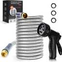 Stainless Steel Garden Hose 25 ft Heavy Duty Metal Water Hoses with 10 Function Water Hose Nozzles for Yard Outdoor