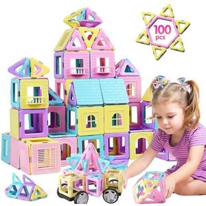 TOKBLOK Magnetic Tiles Toys for 3 4 5 6+ Year Old Girls Boys 100Pcs Macaron Magnet Building Blocks Set for Toddler STEM Educational Toys for Kids Birthday Gifts (Castle & Car Set)