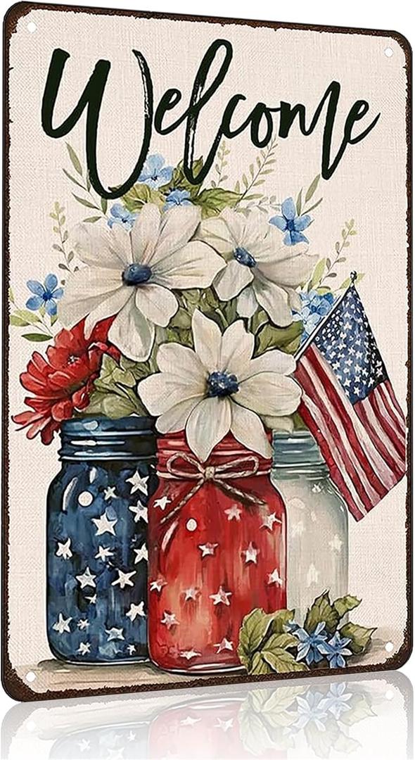 Smilelife Patriotic Floral Mason Jar USA Flag Welcome Tin Sign for Home Bedroom Man Cave Garage 4th of July Memorial Day Independence Day Decor 8 X 12 Inch (3707)