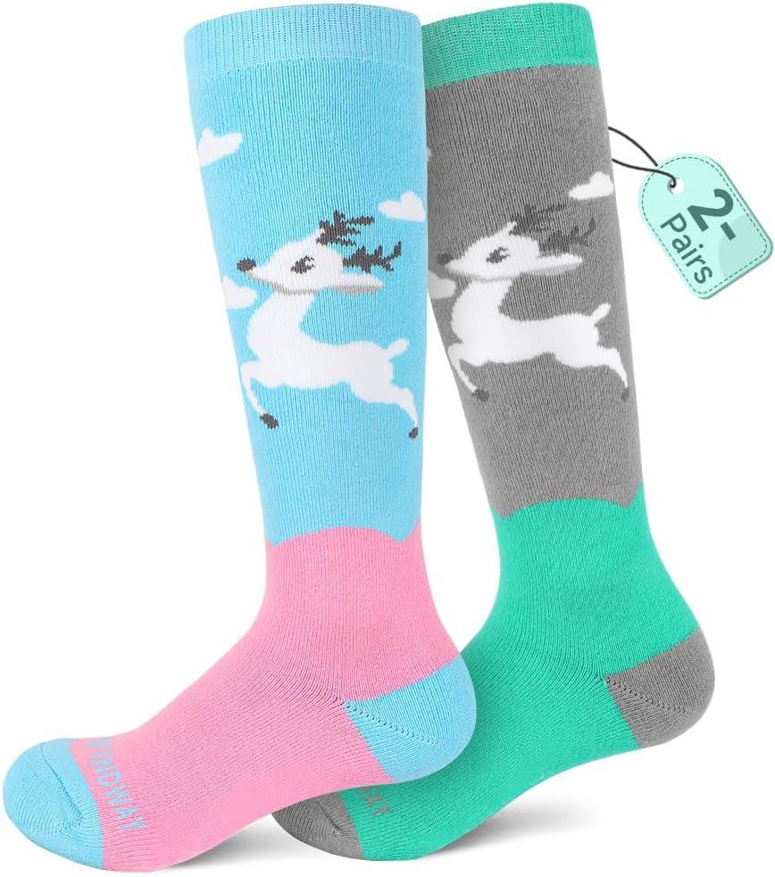 findway Kids Ski Socks, 2 Pairs Thermal Thick Warm Winter Cozy Socks for Skiing Snowboarding Boys Girls (Medium, 2 Paris-green+blue-m)
