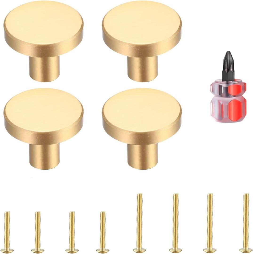 Gold Cabinet Knobs, 4 Pcs Brushed Brass Round Kitchen Cabinet Hardware Pulls Knobs Gold for Dresser Drawer Cupboard Furniture Closet Wardrobe Door Knobs Handles, with Screwdriver, 20x30 mm