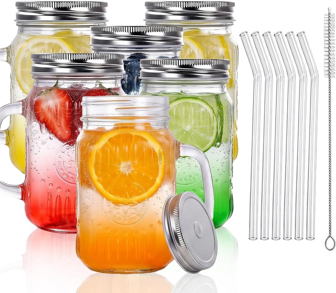 DaYammi Mason Jars with Lids and Straws, 6 Pack 16 Oz Glass Cups for Cold Beverages, Juice, Smoothies, Iced Coffee, Cocktails Leak-Proof Drinking Glasses with Sealed & Straw Lids, Clear