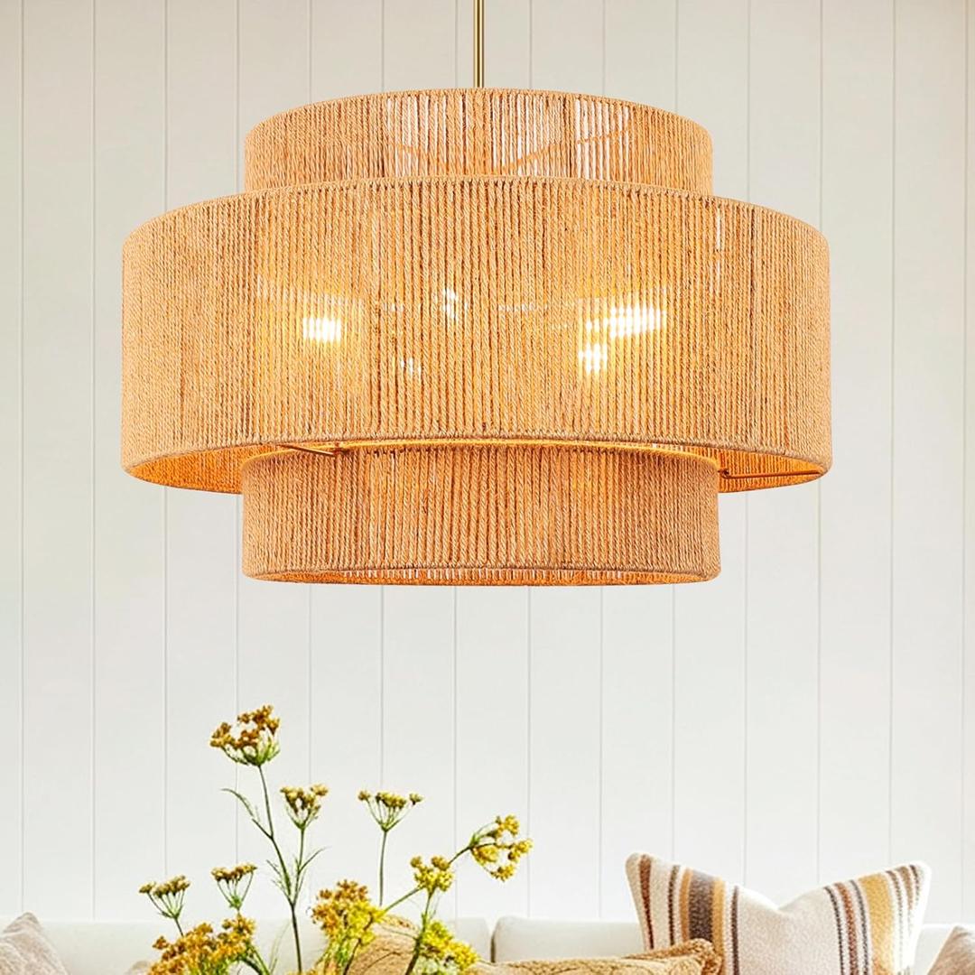 Fenluter 24'' Boho Rattan Chandelier Hand Woven Chandelier Light Fixture, 24" 3-Layer