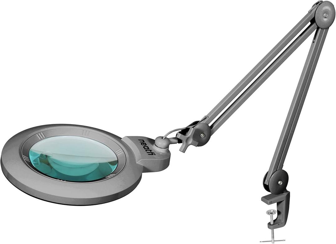 Neatfi XL Bifocal LED Magnifying Lamp, 7-Inch Acrylic Lens, 5D/20D Magnification, Hands-Free, Dimmable, 84 SMD LED, Adjustable Arm for Crafts, Reading, Close Work (Silver, with Clamp)