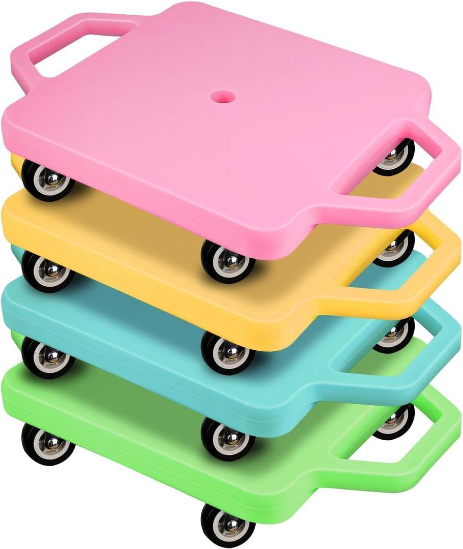 4 Pcs Colored Sports Scooter Board with Handles Plastic Sitting Floor Scooter for Kids Suitable for Children Gym Indoor Outdoor Activities Physical Education Equipment (Pink, Yellow, Blue, Green)