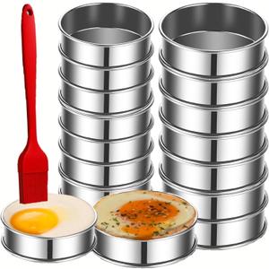 16Packs English Muffin Rings Crumpet Rings 4 inch Stainless Steel Double Rolled Tart Rings 4 inch & 3.15 inch, Round Metal Cooking Pastry Ring Molds for cookies, pancakes,