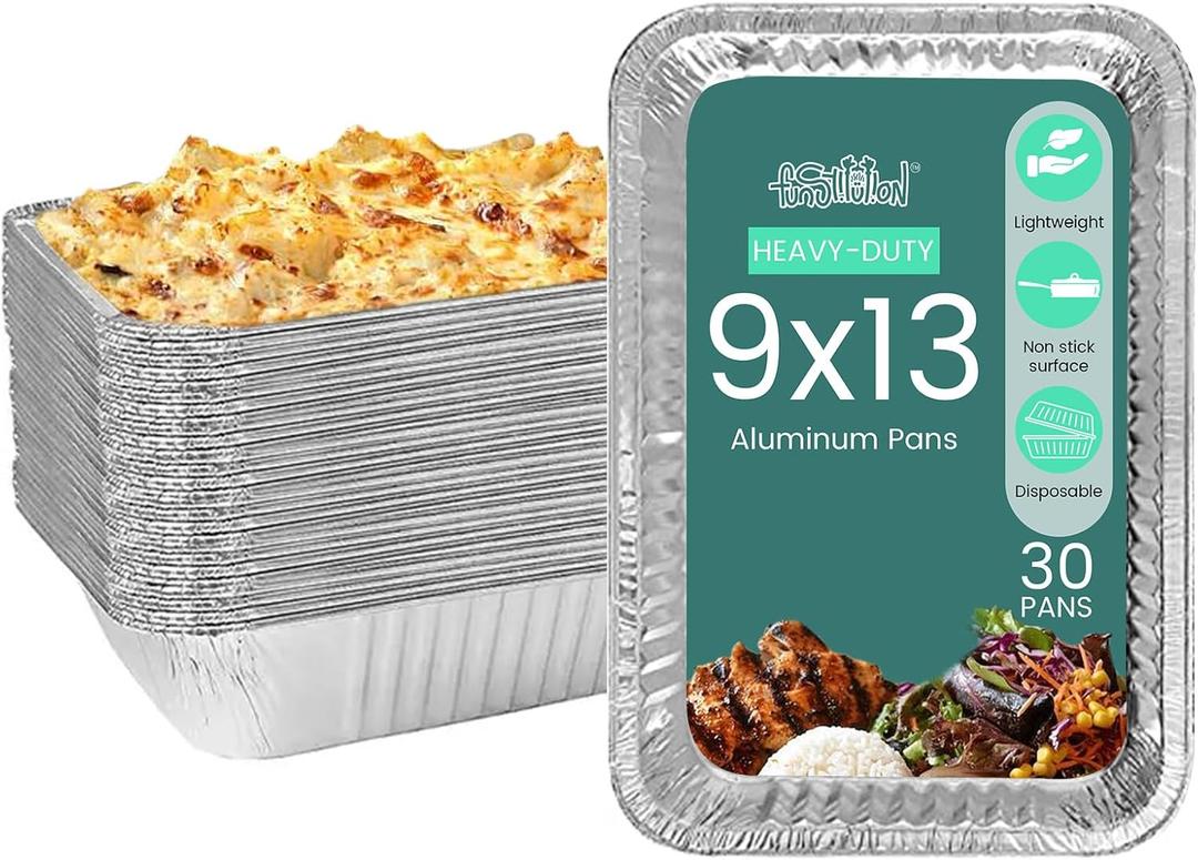 FUNSTITUTION Aluminum Foil Pans 9x13 (30 Pack) - Disposable Aluminum Baking Pans With High Heat Conductivity For Grilling, Cooking, Storing, Prepping
