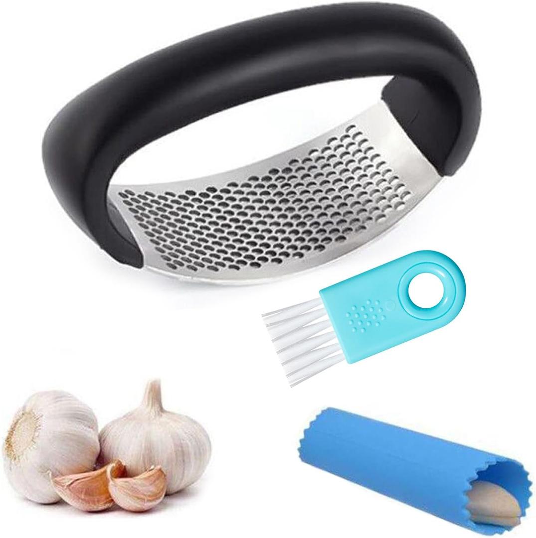 Garlic Press Rocker - Stainless Steel Garlic Crusher, Chopper, Mincer with Silicone Garlic Peeler, Mini Brush Tools For You (Black)