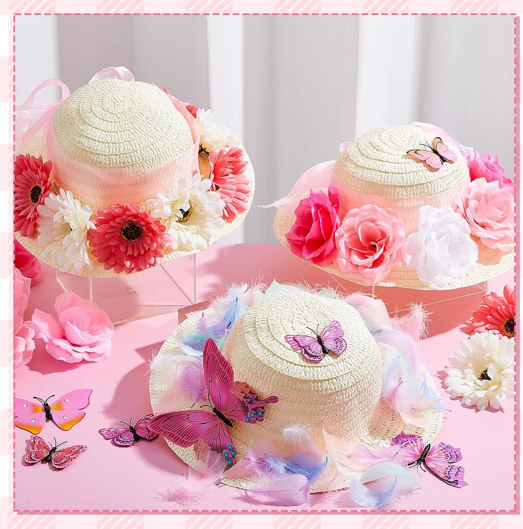 Hotop 197 Pcs DIY Girls Straw Hats Set Tea Party Hats for Kids Include 24 Pcs Straw Hats 48 Pcs Artificial Flower 24 Pcs Faux Butterfly 100 Pcs Fake Feather Straw Hats for Craft Dress up Hats