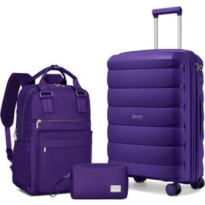 Carry On Luggage 22x14x9 Airline Approved, 22 Inch PP Hardshell Luggage Carry-on Suitcase with Spinner Wheels, Carry On Suitcase Set for Women(Purple) (20IN+BP/TB, GRAPE PURPLE-3PCS)