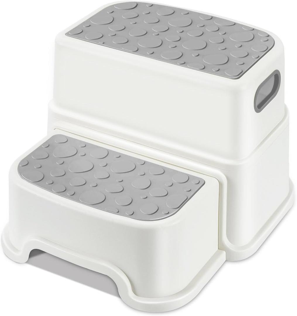 WELSPO 2 Step Stool for Kids, Toddler Step Stool for Bathroom, Kitchen, Bedroom, Living Room, Non-Slip Toddlers Toilet Potty Stool with Handles Baby Child Kid Plastic Poop Stools(Gray)