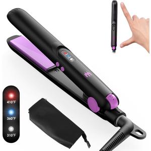 Mini Ceramic Flat Iron 0.7 Inch, Hair Straightener for Short Hair, Curls, Bangs - Adjustable Temperature, Portable Dual Voltage with Travel Pouch for Women, Men (Purple)