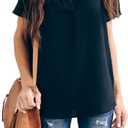 Allimy Women Summer Casual Split V Neckline Chiffon Blouses Loose Tunic Short Sleeve Tops (Small, Black)