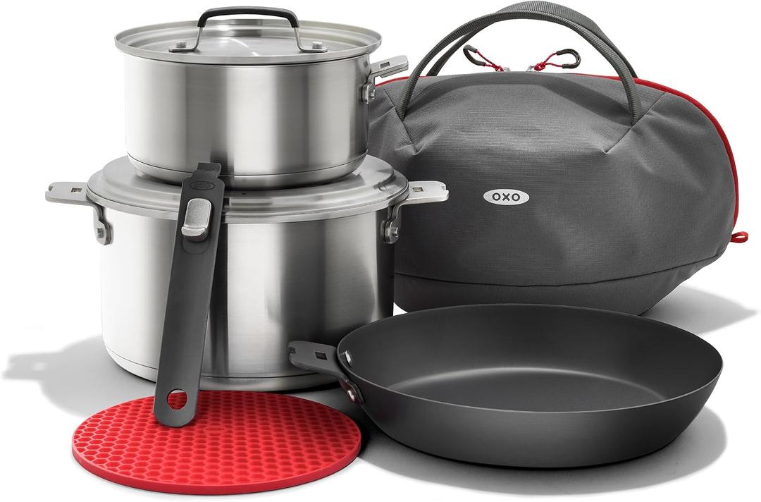 OXO Outdoor 8 Piece Camping Cookware Set, 10" Pre-Seasoned Carbon Steel Frying Pan Skillet, 2.25QT and 5QT Stainless Steel Saucepans with Lids, Removeable Handle, Trivet, Travel Bag, Space-Saving