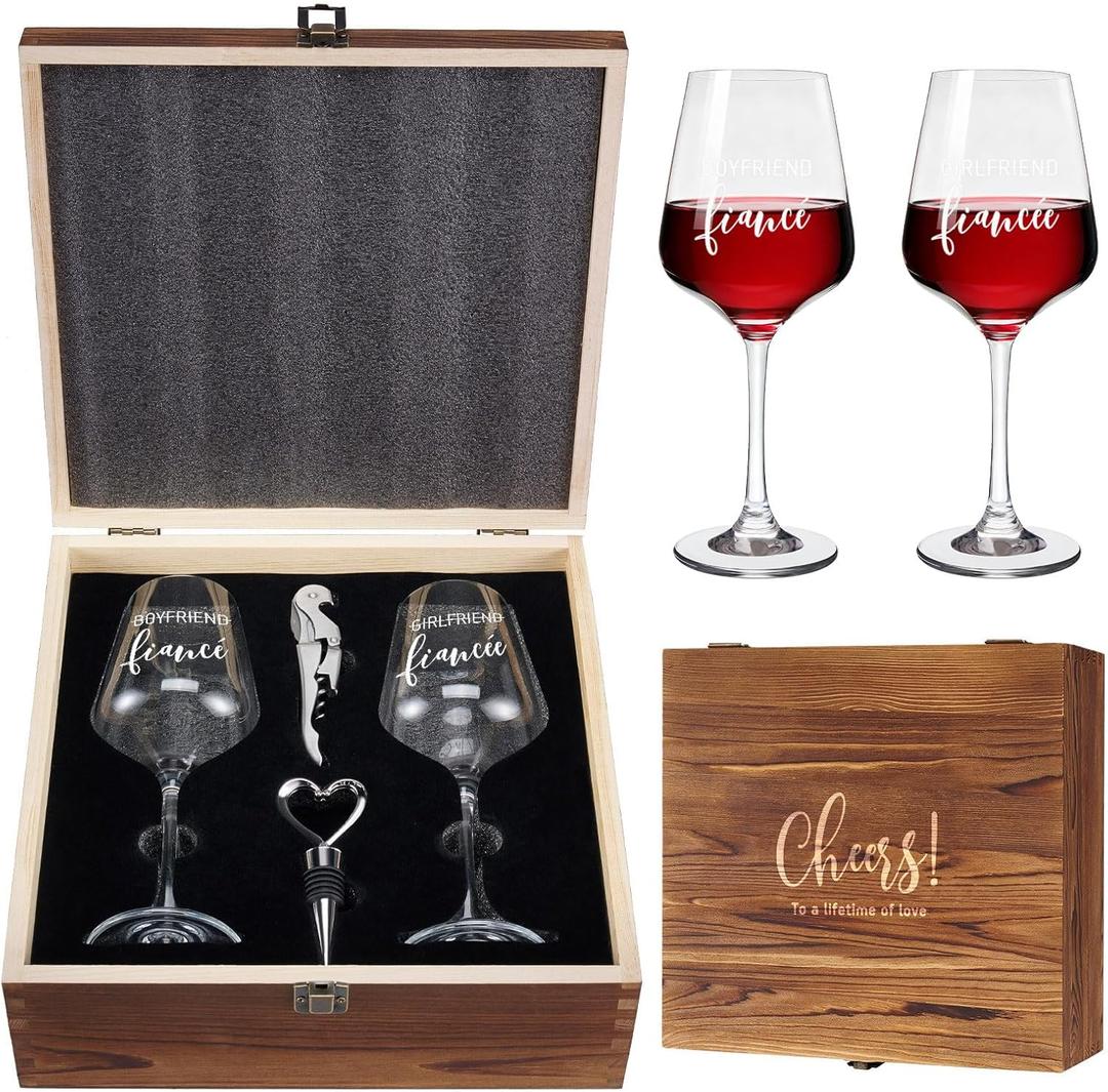 AW BRIDAL Engagement Gifts for Couples Wine Glasses Set, Fiance Fiancee Gifts for Women Bride to Be, Engaged Wine Glasses with Wine Stopper & Wood Keepsake Box, 2026 Wedding Gifts for Newlyweds