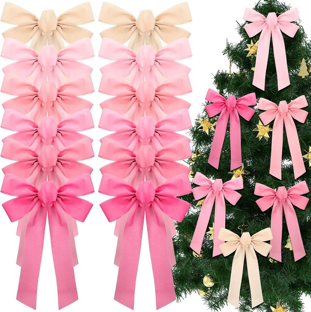 12 Pcs Velvet Christmas Tree Bows 9 x 13 Inch Door Garland Decor Vintage Wreath Bow Decorations Large Bow Decorations Xmas Ornament for Garland Crafts Tree Topper Gifts Indoor Outdoor(Pink)