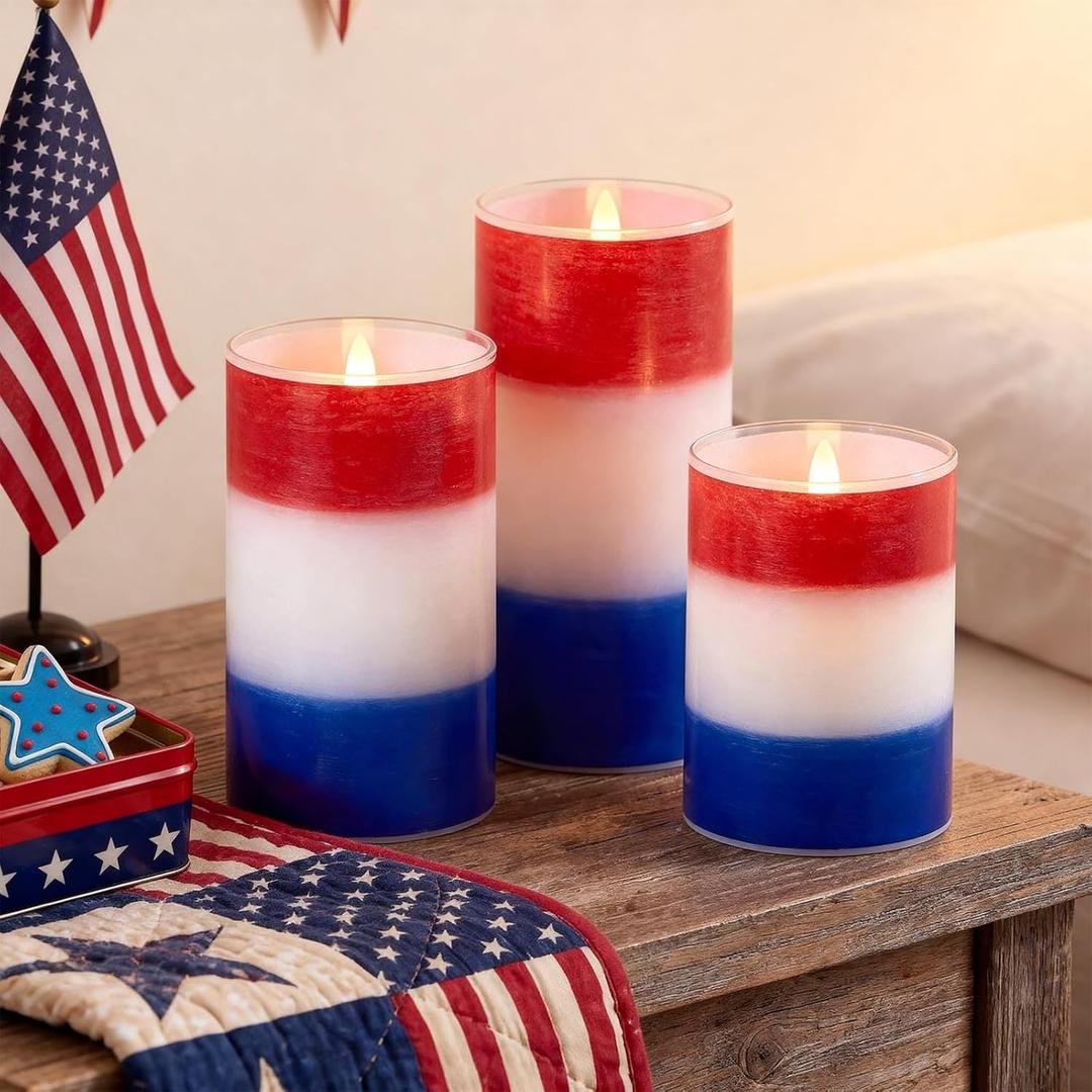 Tujoe 3 Pcs Blue Red and White Flameless Candles Patriotic LED Battery Pillar Candles Set 4th of July Independence Day Battery Operated Flickering Gifts with Remote Decorations for 250th Anniversary
