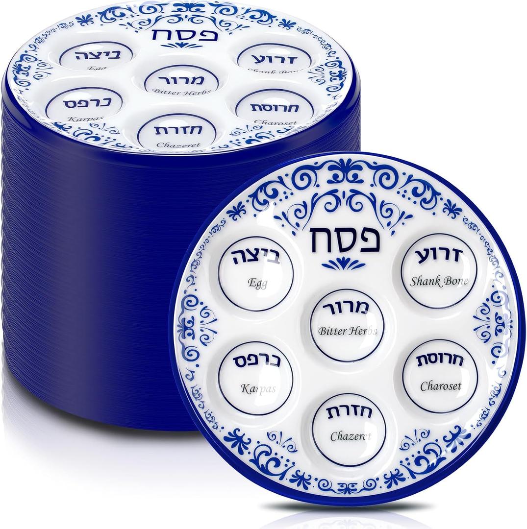 Newtay 24 Pcs Passover Seder Plate Plastic 10" Disposable Plates Passover Decorations for Kids Adults Communal Seders Foods Pesach Kitchen Accessories Table Decorations(Blue Floral Renaissance)