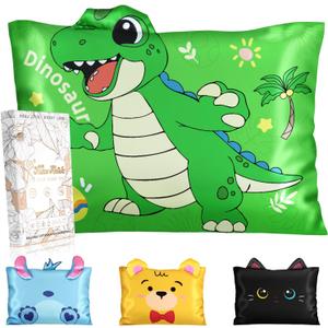 Miss Adola Kids Pillowcases Queen Size 20"x30" - Cute Cartoon Soft Breathable Silk Pillow Cases for Hair and Skin with Hidden Zipper for Girls Fun Kawaii Design for Bedding, Green Dinosaur