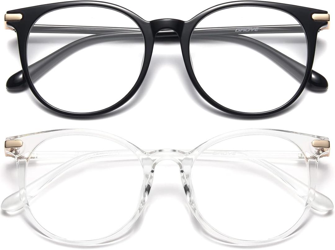 Gaoye 2 Pack Blue Light Blocking Glasses, Retro Round Eyewear Frame Anti Eyestrain Computer Glasses for Women Men - GY1688 (Black+Transparent)