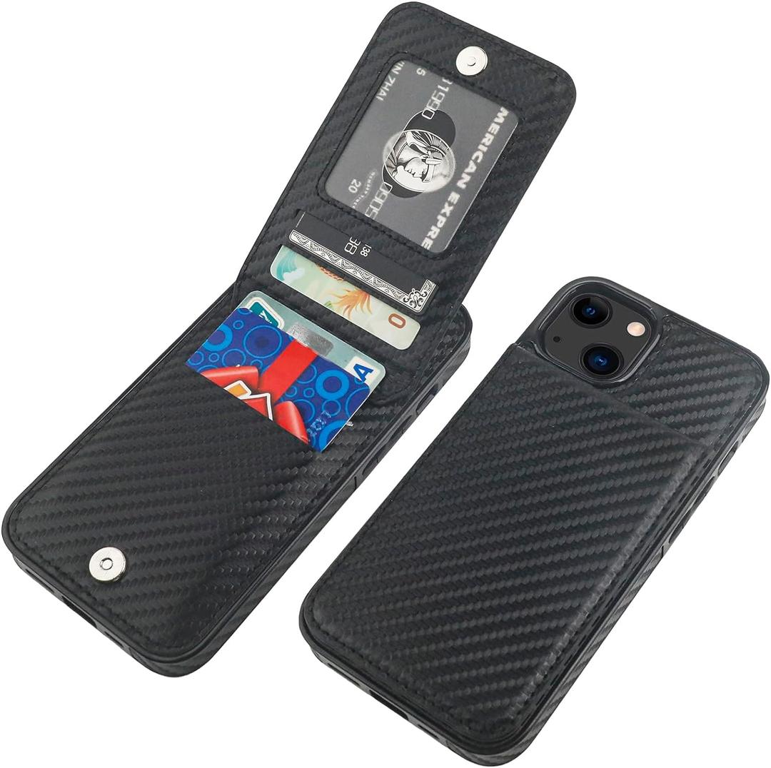 KIHUWEY Compatible with iPhone 13 Case Wallet with Credit Card Holder, Premium Leather Magnetic Clasp Kickstand Heavy Duty Protective Cover for iPhone 13 6.1 inch (Carbon Black)
