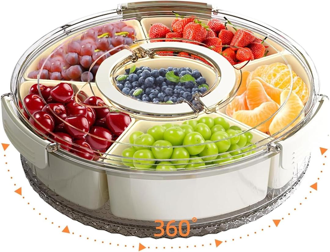 Divided Serving Tray with Lid and Handle, Portable Snackle Box Container for Fruits Snacks Charcuterie Organizer, Spinning Rounded Veggie Tray for Kitchen, Party, Travel and Picnic (6 Compartments)