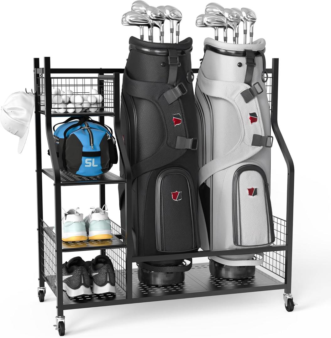 PLKOW Golf Bag Storage Garage Organizer, Extra Large Size Golf Bag Storage Stand and Golf Equipment Rack for Garage,Shed, Basement
