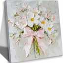 Bow Floral Canvas Wall Art Farmhouse Aesthetic Flower Poster Print Pink and White Coquette Picture Abstract Eclectic Bouquet Painting Preppy Artwork Wall Decor for Living Room Bedroom 16x16in Framed