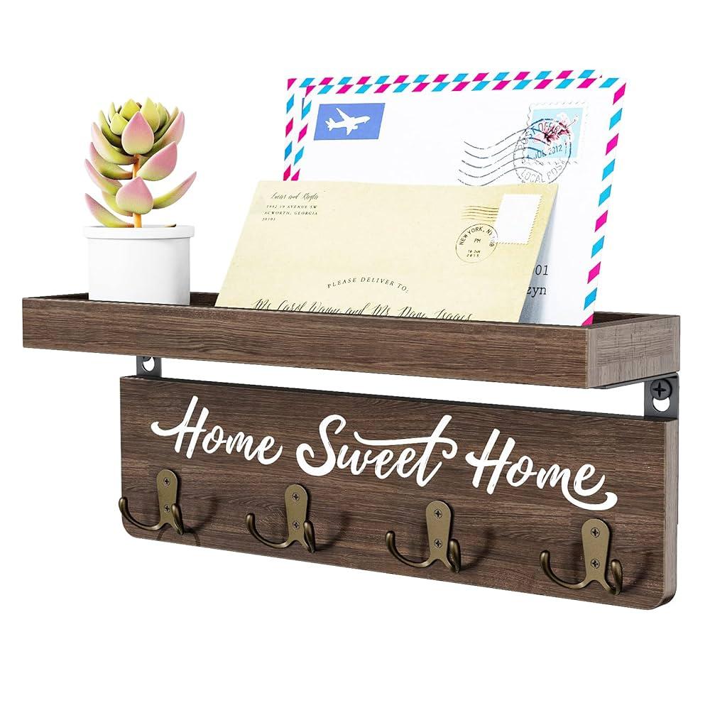 buways Wall-Mounted Key and Mail Holder, Wooden Key Rack with 4 Double Key Hooks, Rustic Home Decor for Entryway(brown)