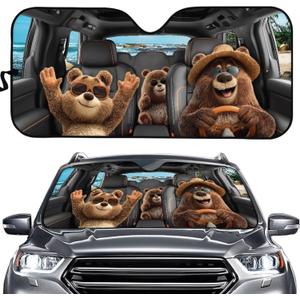 Funny Windshield Sun Shade Bear Family Windshield Sunshade for Car Truck SUV Sun Visor Heat Protection Blocks UV Rays and Keeps Your Vehicle Cool, L = 57.1" (145cm), W = 27.4" (69.5cm)
