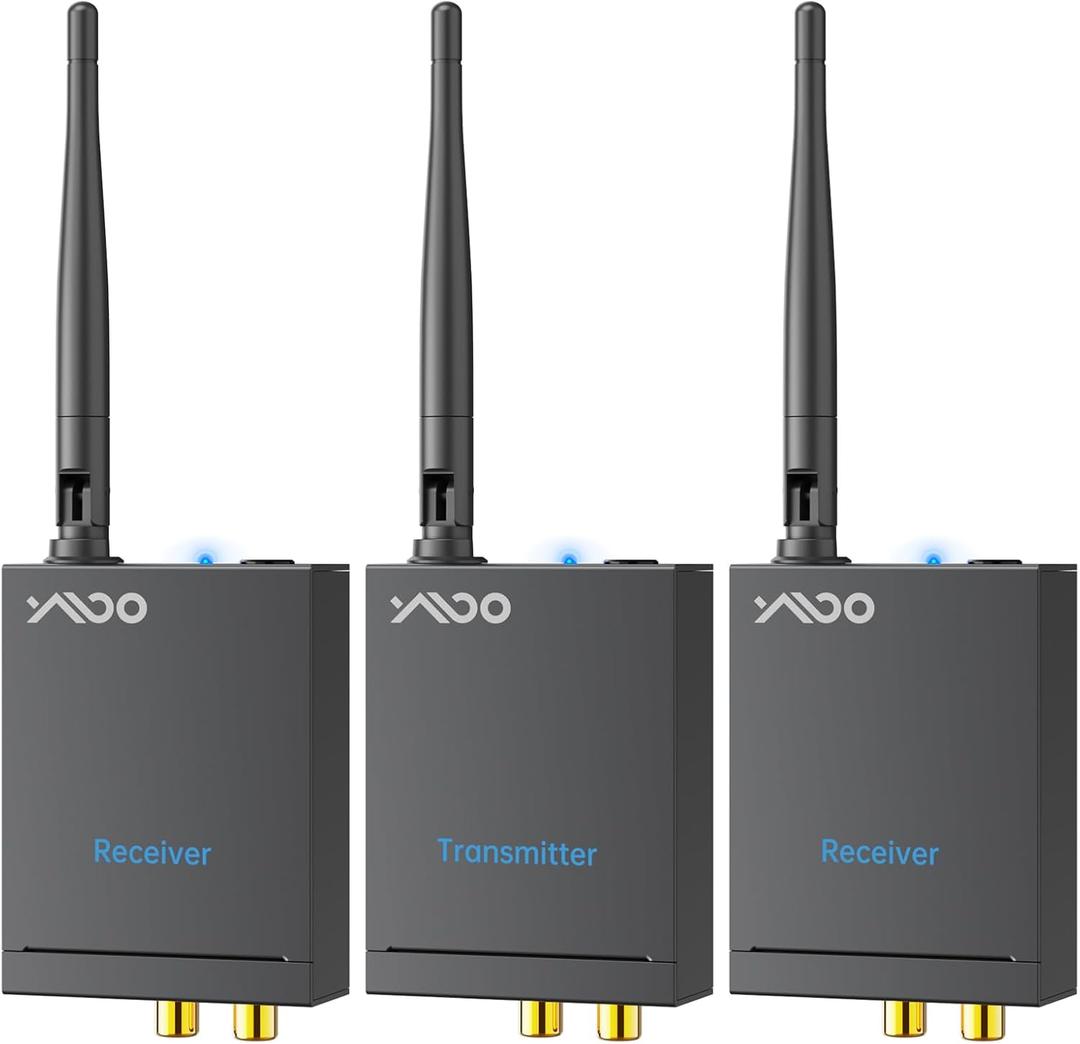 YMOO 2.4GHz Wireless Audio Transmitter and Receiver (1 TX+2 RX), 2 Receivers for Two Speakers, 20ms Ultra Low Latency HiFi Audio, 320ft Range RCA Jack Wireless Adapter for TV/PC/CD Player/Home Stereo