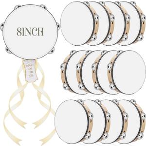 12 Set 8 Inch Tambourine for Adults Tambourines Bulk Wooden Hand Held Drum with Metal Jingles, Gift Tags, Ribbon Percussion Gift Musical Instrument for Church Wedding (Single Row)