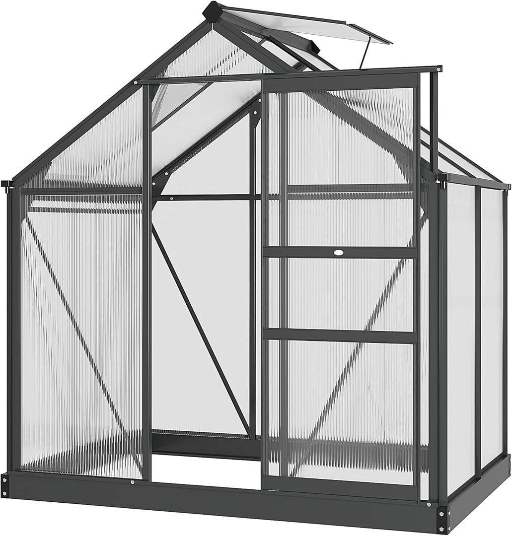 Outsunny 6' x 4' Greenhouse for Outdoors, Polycarbonate Greenhouse with Rain Gutter and Roof Vent, Aluminum Walk-in Green Houses for Outside for Patio Backyard Garden, Gray (74.75" x 52" x 79.25")