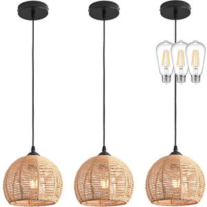 3 Pack Wicker Pendant Light Natural Woven Pendant Light Boho Chandelier Light Fixture Dome Rustic Farmhouse Pendant Lights Rattan Light Fixture for Dining Room Kitchen Island (Bulb Incl.)