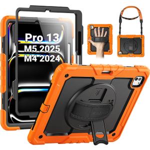 SEYMAC Case for iPad Pro 13 Inch M5 2025 / M4 2024, Heavy Duty Shockproof Protective Case with Screen Protector, 360 Rotating Stand, Hand/Shoulder Strap and Pen Holder, Orange