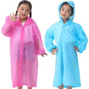 OFFITECTURE 2-Pack Reusable Rain Ponchos for kids - Hooded Raincoats for Boys Girls (Blue+Pink)