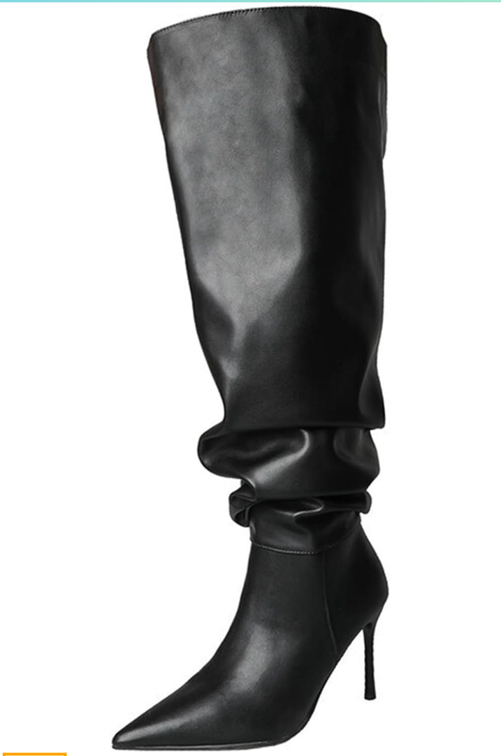 Vujkliy Women's Pointed Toe 3.1IN Stiletto Heel High Boots Fashion Wide Mouth Side Half Zipper High Heels Black