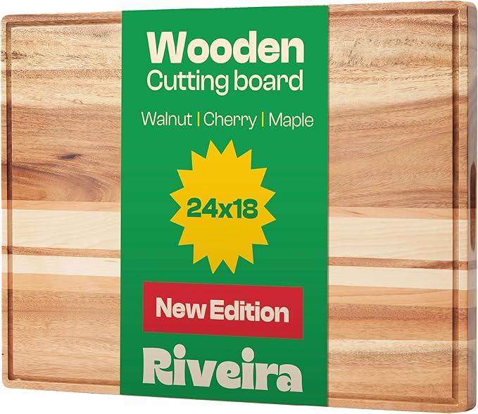 Riveira Walnut/Cherry/Maple Wood Cutting Board – Gourmet Grandeur: 24 x 18 Wooden Cutting Board – Natural Wooden Cutting Boards For Kitchen Decorative – Innovative Juice Grooves Wooden Chopping Board