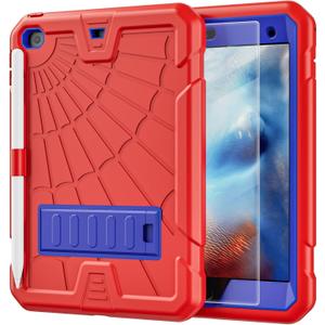 TSQQST iPad mini 4/5 Case for Kids with Glass Screen Protector 2015 2019 | iPad mini 5th 4th Generation Case with Pencil Holder+Stand | Shockproof Rugged Cover for iPad mini 7.9 Inch | Blue+Red