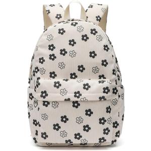 Kawaii Corduroy Backpack for Women Cute Floral Print Aesthetic Travel Book Bag Coquette Preppy College Laptop Daypack (Black Flower)