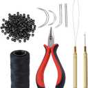 Hair Extensions Tool Kit: 200 Pcs Silicone Lined Micro Links Beads, 1 Three Hole Hair Pliers, 1 Roll Sewing Thread, 1 Loop Needle Threader, 1 Pulling Hook Needle, 8 Sewing Needles (Black)